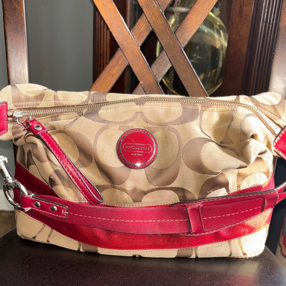 Coach Signature Hobo Purse in red and khaki monogram